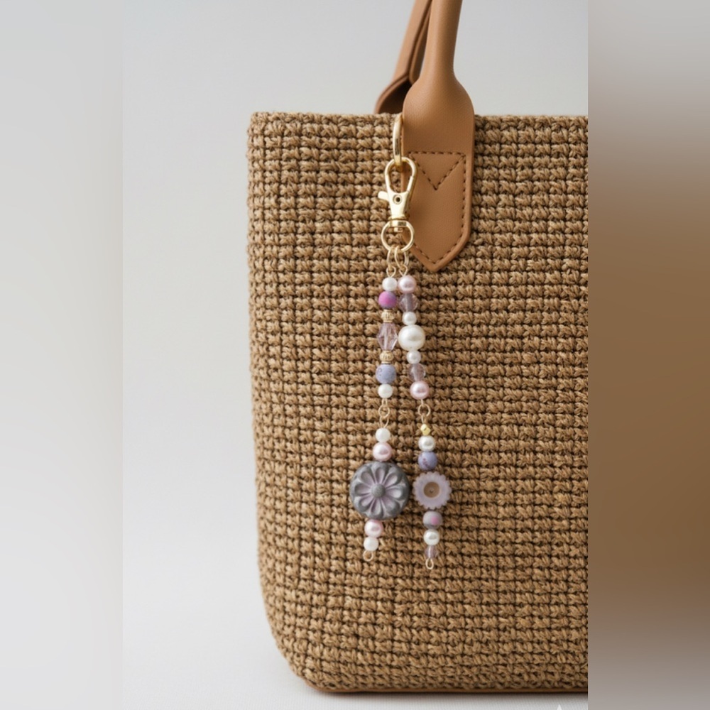 Elegant Lavender Beaded Bag Charm Keychain with Real Pearl and Gold Tones - Picture 3 of 4